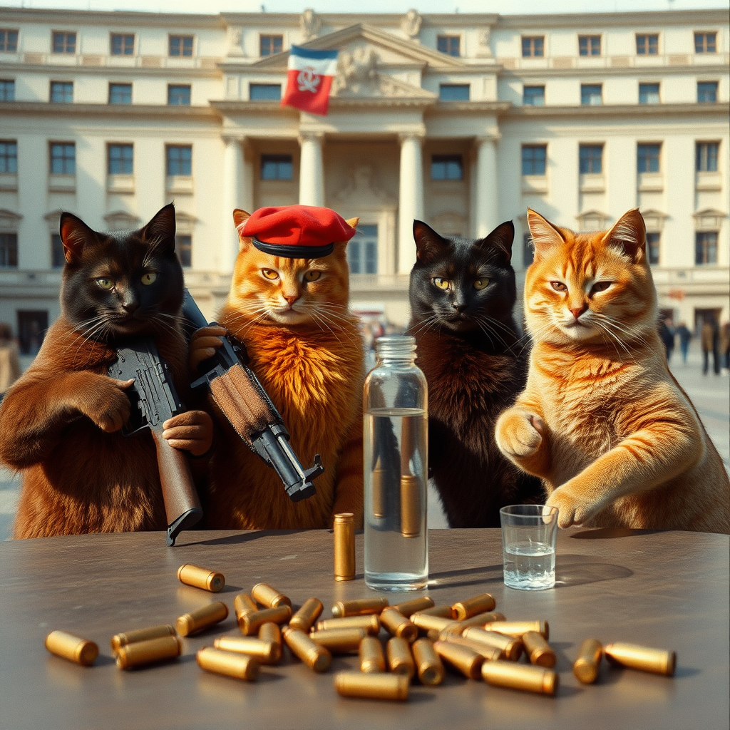 4 cat-men in a large square, a dark-skinned one holding an AK-47, an orange one with a Russian military cap, a dark brown one and a light brown one, USSR communists with vodka, around a table with bullet casings on it (film photography style)