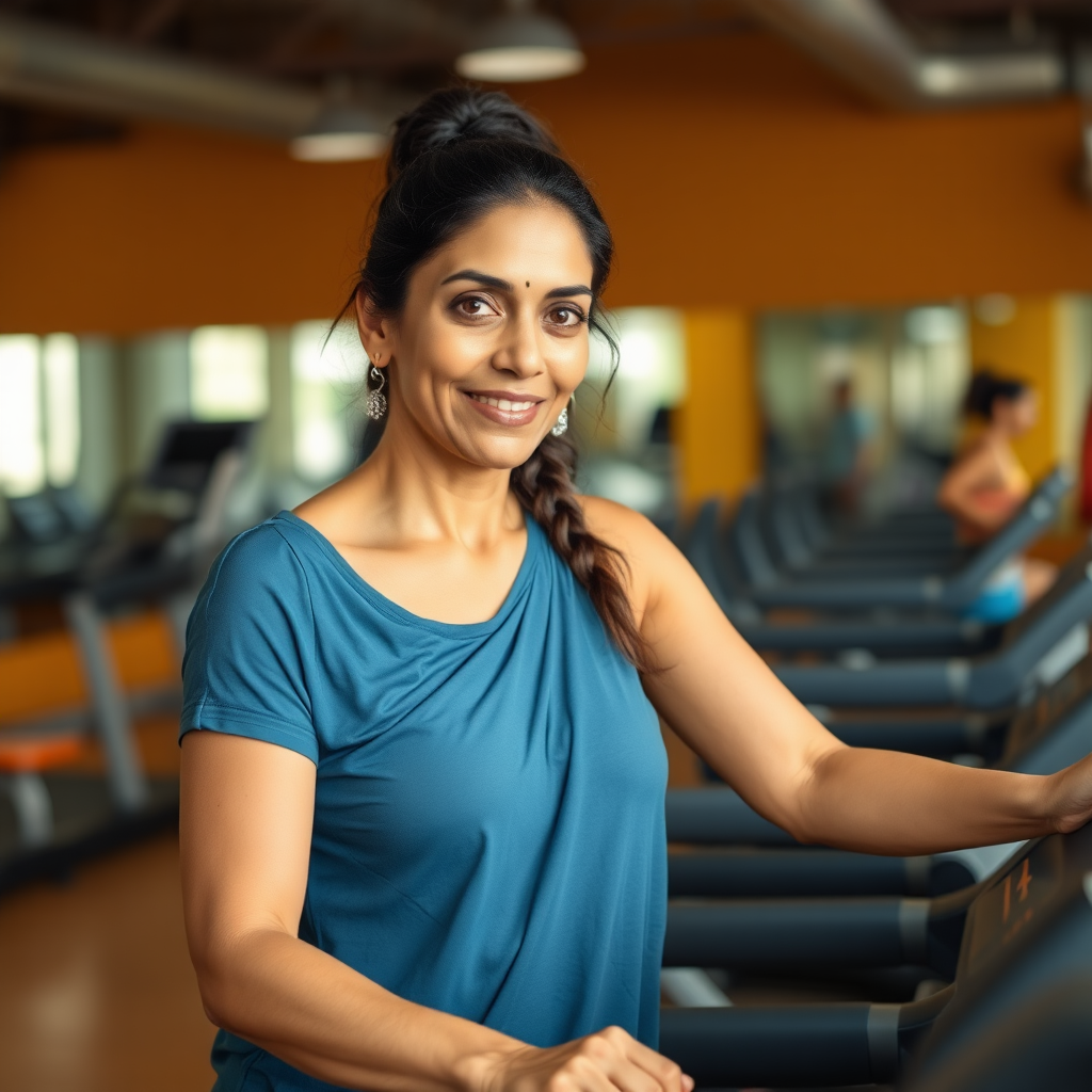 Indian wife, working out on Treadmill in gym