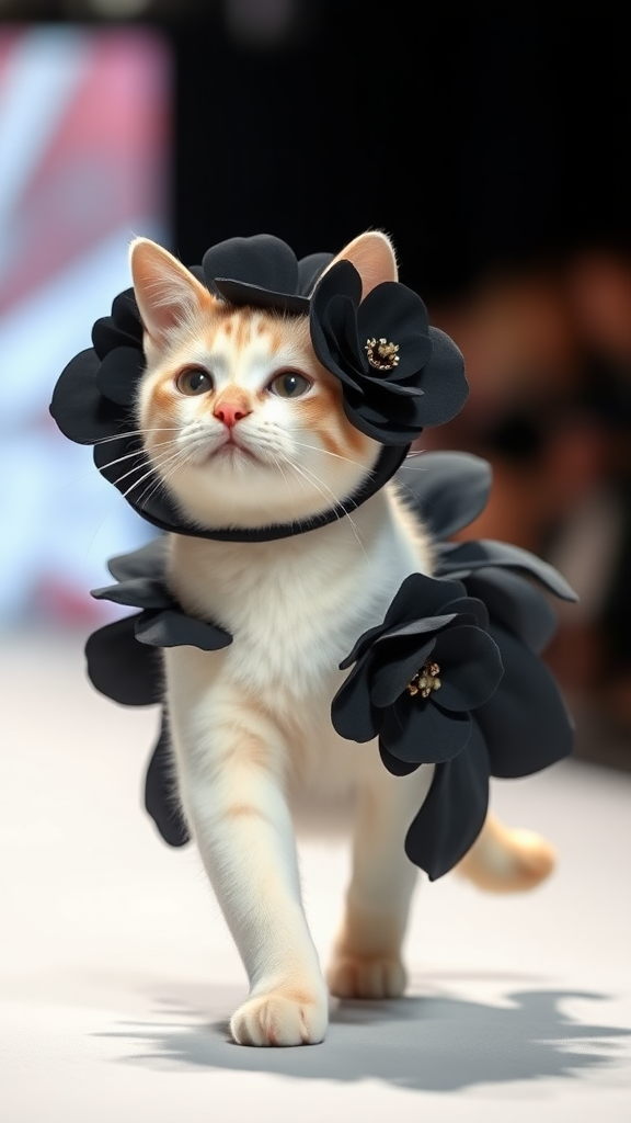 A little chubby big yes pink nose white cat walking on two paws wearing a real black flower costume doing runway walk in a fashion show.