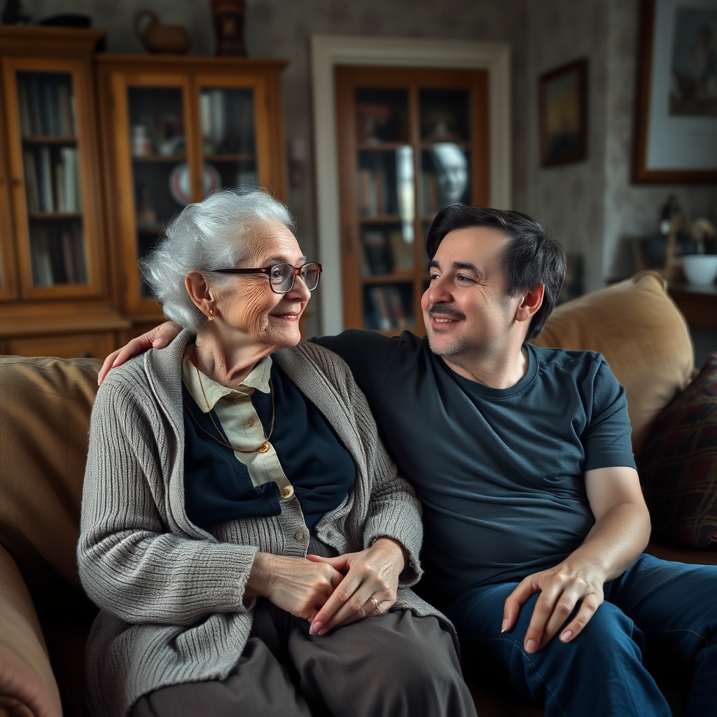 In a scene viewed from an angle and slightly above: In an old-fashioned English living room, a very frail, small and thin, very old and elderly English lady with a kind smile, short, thinning white curly hair, wrinkled face, neck and skin, wearing thin framed glasses, an old cardigan, blouse and long skirt is sitting on a sofa with an English man about 40 years old, grey stubble on his chin, brown hair, sitting close next to her on the same sofa, wearing a black T-shirt and dark blue jeans. The man and woman are smiling at each other. The woman is looking at the man's eyes and smiling. The man is looking at the woman's eyes and smiling.