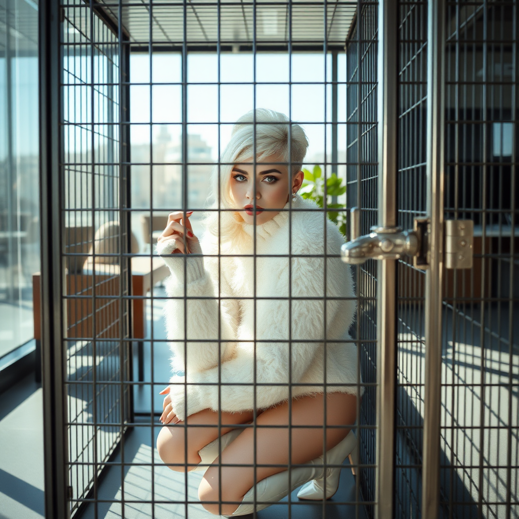 Sunny spring morning, modern glass-steel-concrete office, kneeling inside locked small steel cage, waiting for the master: O., European 17 years old very convincing femboy “trophy-bimbo”, tamed servile docile, very beautiful feminine flawless face, rather short boyish figure, platinum blond short tight curls, bold red lips, heavily made-up face, long French nails, wearing Supertanya-style chunky fluffy very fuzzy bright white plushy mohair figure-hugging turtleneck-knitdress with white pearl decoration, white vinyl thigh-high boots with golden heels, pearl earrings, serious, leaning forward presenting her assets, arrogantly looking through grid at camera. Full view of office.