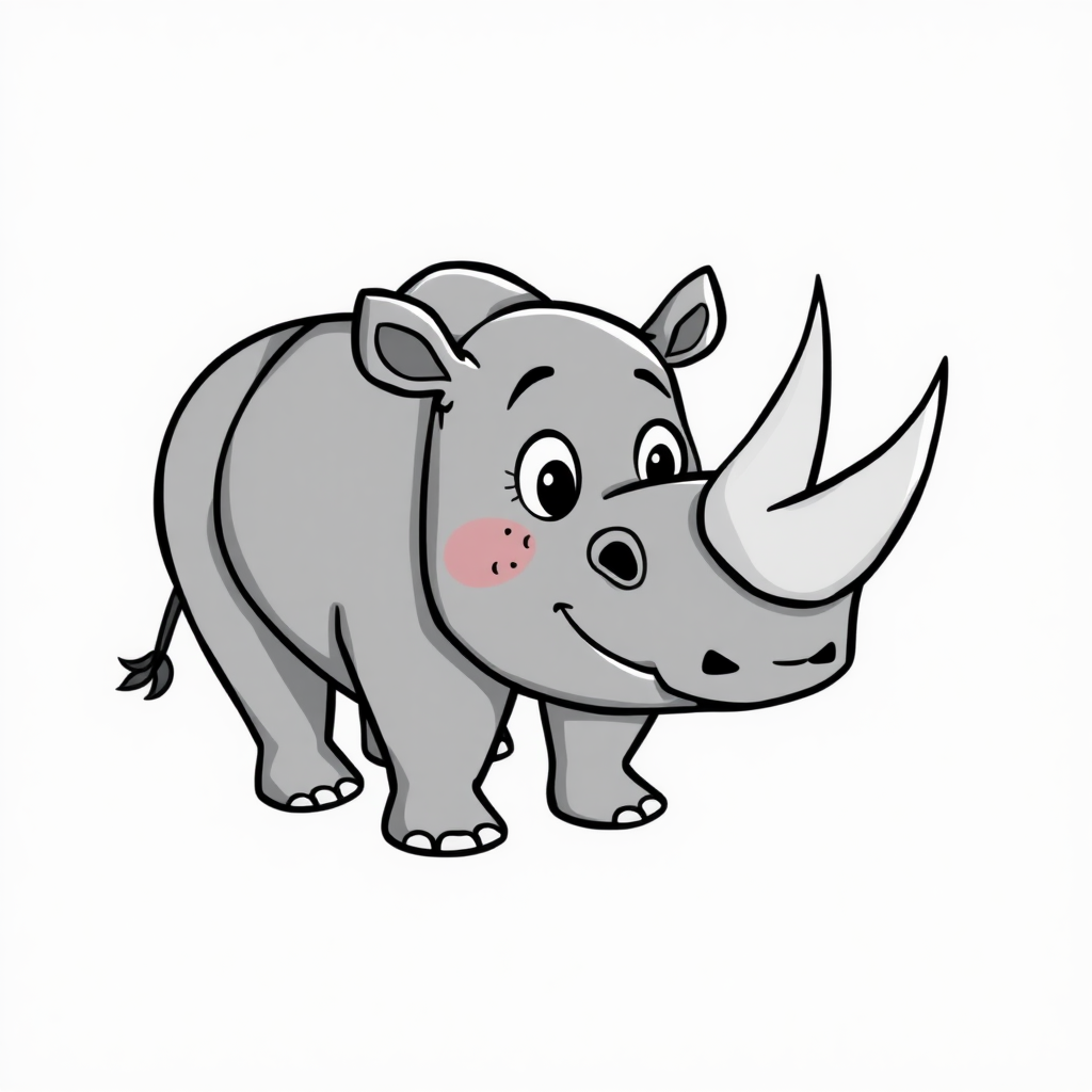 Draw a cartoon image of a friendly grey rhinoceros