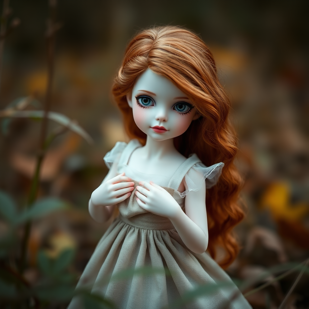 ooak art doll playing with her dress in nature, shy flirting with the camera, questioning look, bisque doll, artist doll, realistic doll, life-like porcelain doll, handmade, one of a kind, abstract, minimalist art, in focus, hyperfocal, bisque porcelain, symmetric, sacred geometry, original, unique personality, dynamic, cinematic scene, centered, macroscopic photo, dept of field, low key lighting, preteen ginger girl, balanced colors, autumn, stunning eyes