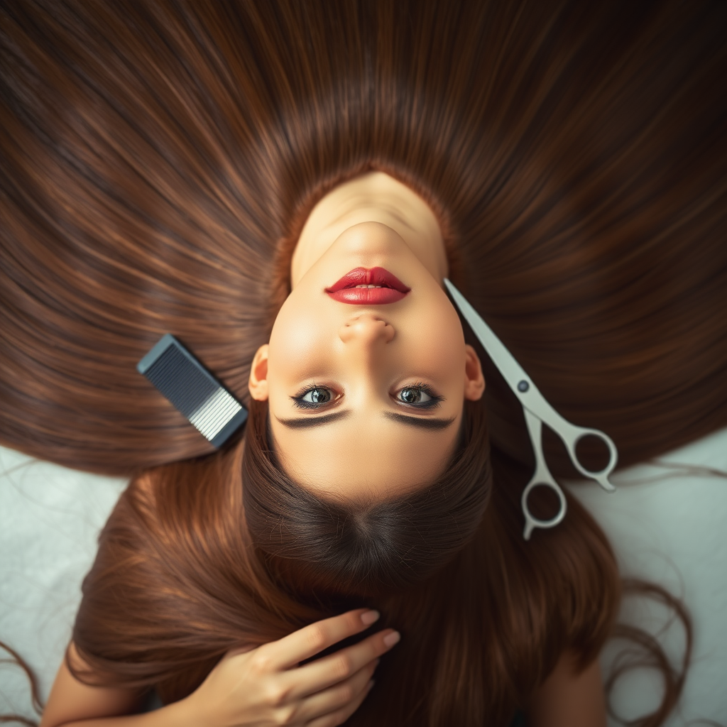 A beautiful woman laying down looking up at the camera. Her very long hair meticulously fanned out in a geometrically precise semicircle to display its length and beauty. A comb and scissors are set on her fanned out hair inviting the viewer to cut her hair.