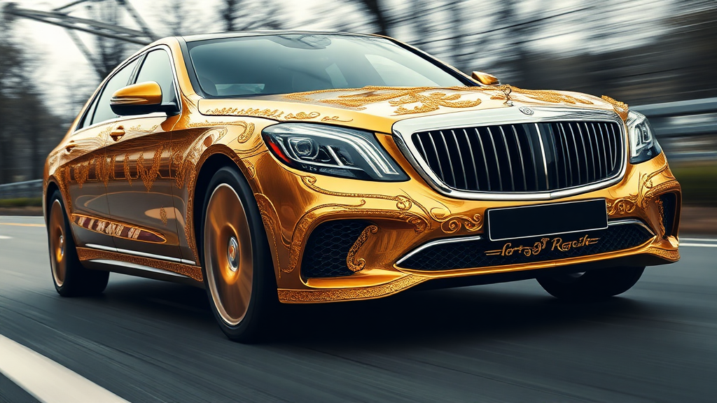 maybach sedan , A luxurious, gold-plated car adorned with intricate, ornate designs and carvings. The vehicle features prominent headlights and a distinctive front grille, showcasing a fusion of elegance and extravagance. road motion blur