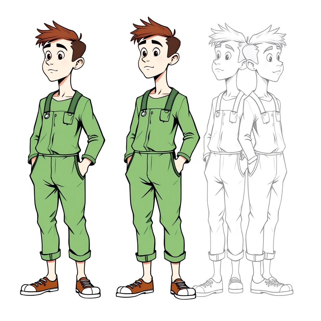 multiple views with progression, character design sheet, short, shy, in awe, 15 year old european skinny man, wearing long sleeve green coveralls, is trying to conceal his arousal, detailed features, bulging pants, long establishing shot, 2D, caricature, cartoon, sketch lines, coloring book, black and white, coloring book style on white background, well composed, clean coloring book page, no dither, no gradient, strong outline, no fill, no solids, vector illustration, side view, vector illustration, empty space around each view, movement lines