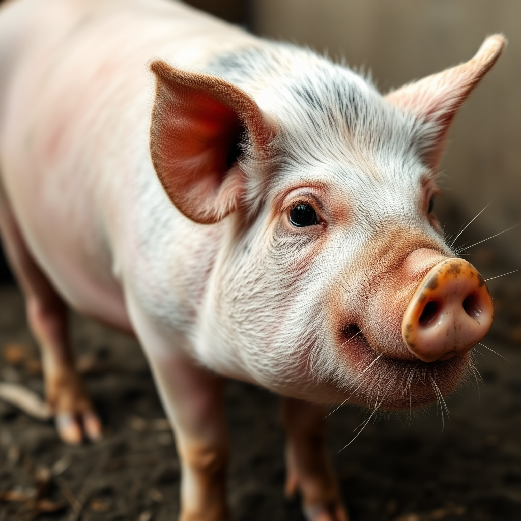 A shaved pig from the side without hair.