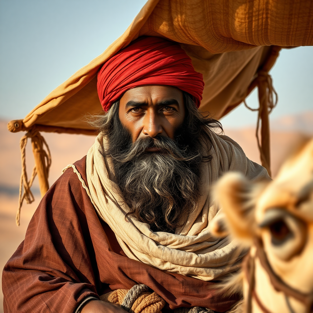 Judging by his appearance, he could be around forty-five years old. His beard flowed over his chest. It had once been black, but now it had white streaks in it. His face was brown like a dried coffee bean and was mostly hidden behind a red kufiyeh, as the headdress used to be called by the sons of the desert. Occasionally, he would lift his eyes; they were large and dark. He was dressed in fluttering garments, but it was not easy to see what they really looked like, as he sat under a miniature tent on a large white camel.