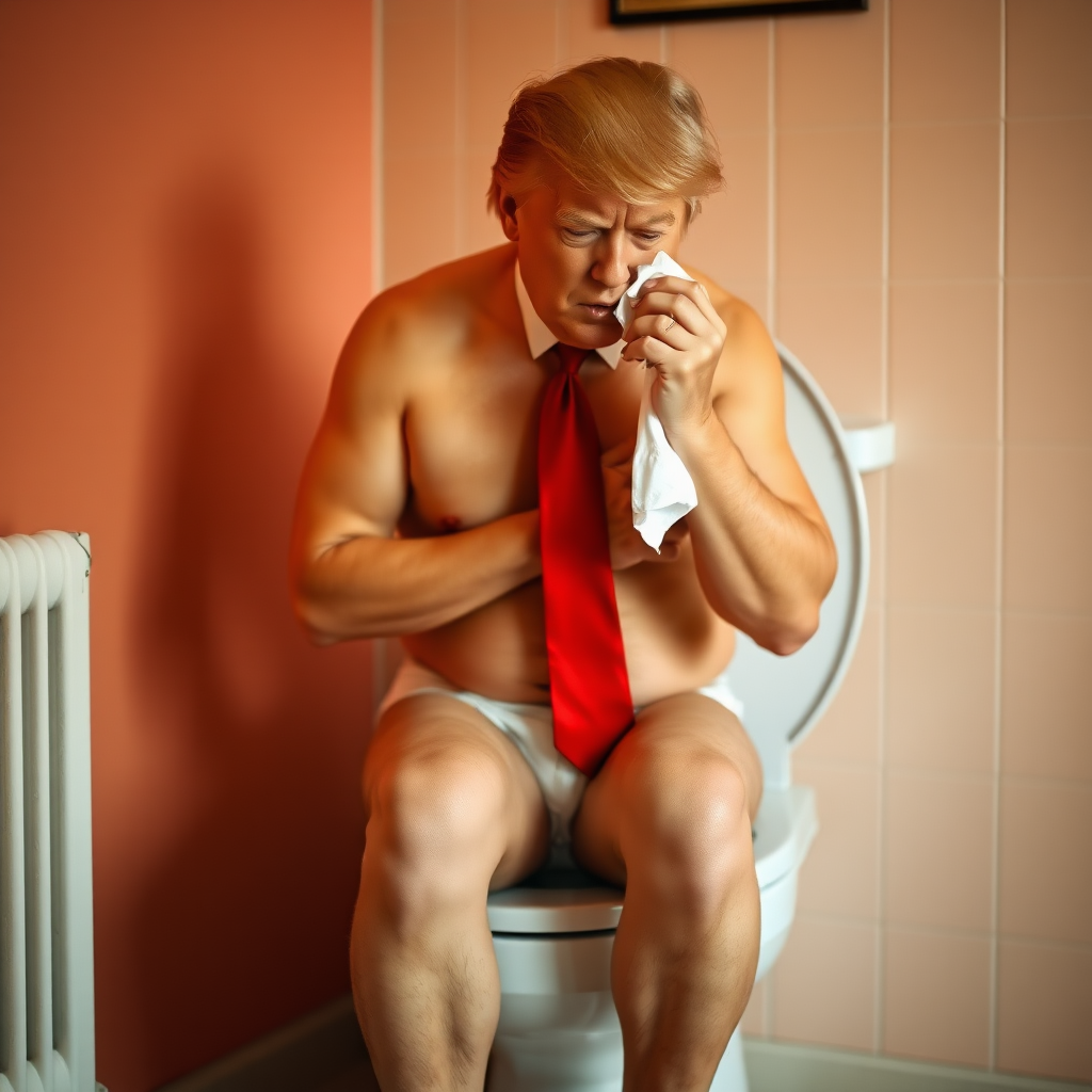 donald trump sitting on a toilet in underwear. with red tie. he is holding a tissue in his hand and is facing the tissue. photo