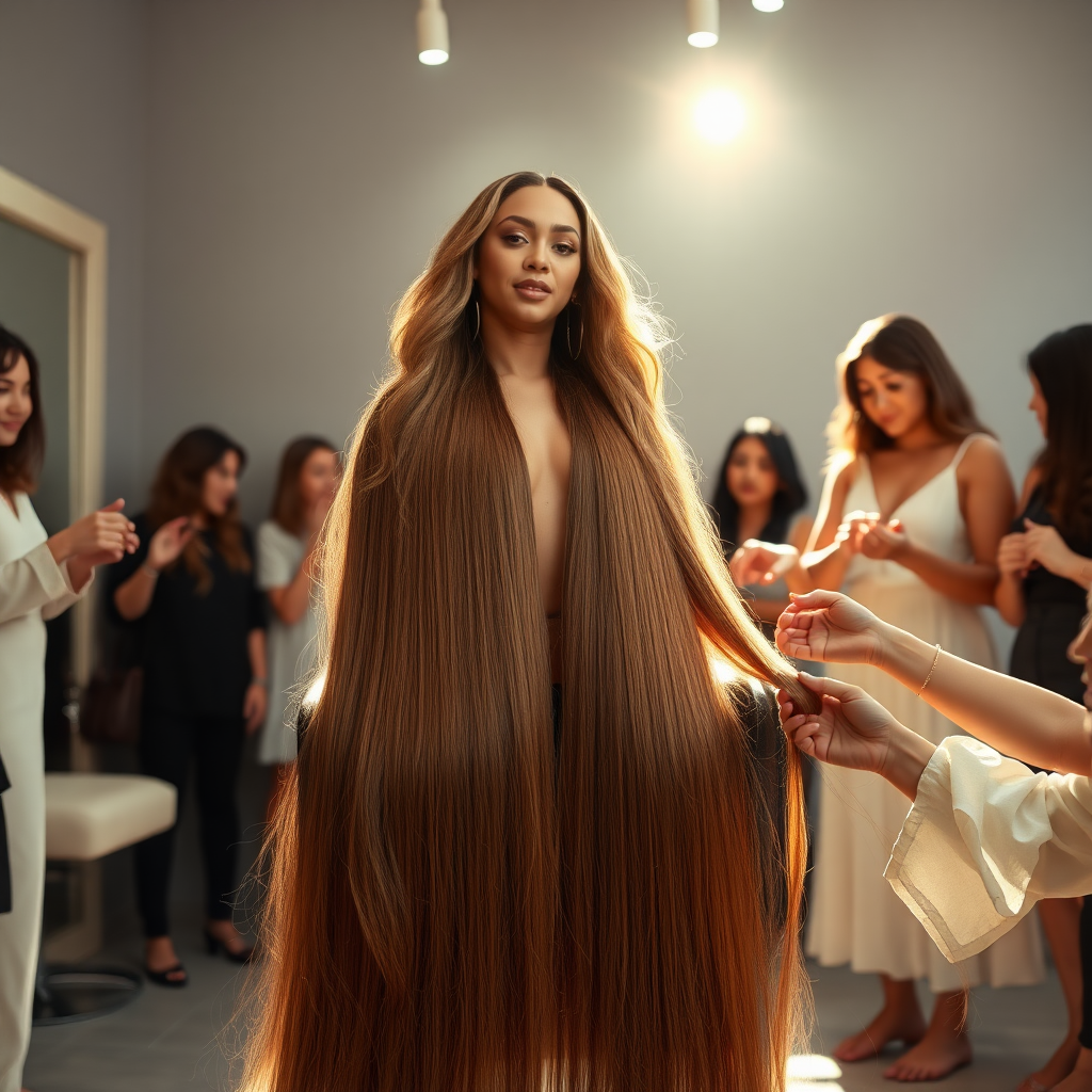 In an elegant, sunlit salon, adorned with soft, minimalistic decor, the stunning Beyoncé sits gracefully in a salon chair, her incredibly long, luxurious hair cascading like a flowing waterfall of silk down her shoulders and past her waist. The gentle glow of overhead lights highlights the rich, deep hues of her hair, each strand reflecting the brilliance of the space around her.

As an interactive long hair fetish performance art exhibit unfolds, curious visitors gather around, their eyes alight with fascination and excitement. Some eagerly reach out, gently grasping her hair between their fingers, feeling the smooth texture slip through their hands, while others playfully tug at it, testing the boundaries of their interactions. Each movement is accompanied by a symphony of soft gasps and murmurs of appreciation, enhancing the atmosphere of intimacy and connection.

The background is a simple, unobtrusive gray, allowing the artistry of the moment to take center stage. The air is charged with a sense of wonder and exploration, as visitors not only admire Beyoncé's hair but also engage in this tactile experience, deepening their understanding of the artistry behind her presence. Her expression is a mixture of serenity and playful engagement and submission, reflecting her comfort and trust in this unique performance, ultimately creating a captivating scene where art and audience intertwine seamlessly.