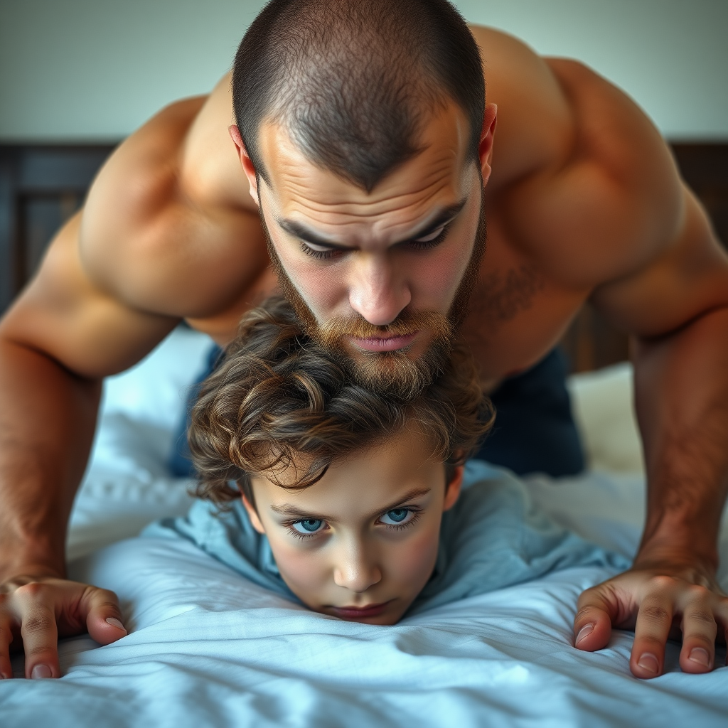 A beautiful teen boy, slightly curly very long hairs, bent over bed, face down. With a giant strong muscular slightly bearded adult man directly on the boy. Frontal view