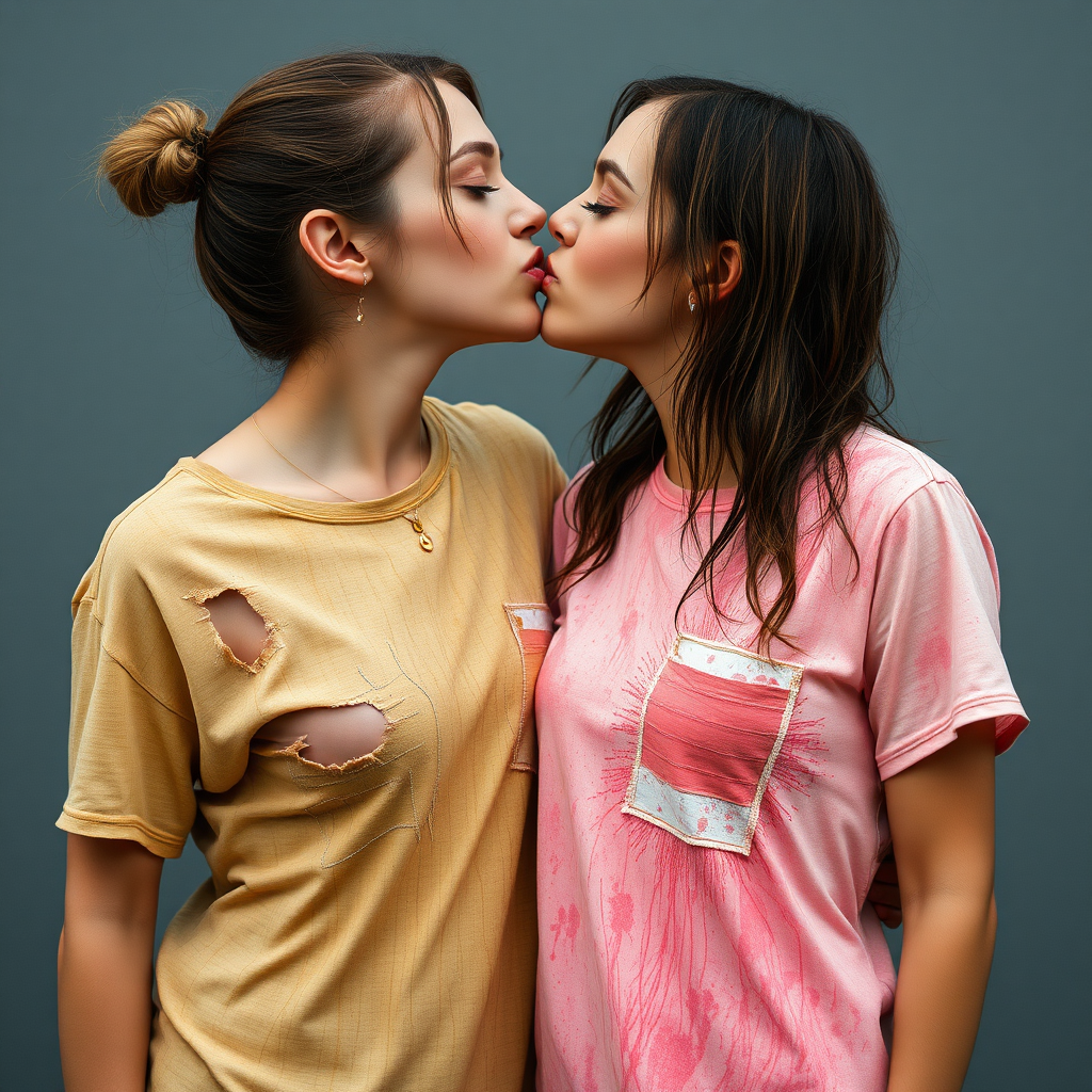 two women in ripped and torn wet t-shirts kissing