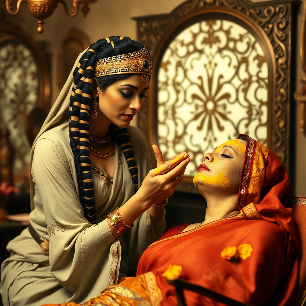 Cleopatra, working in a beauty parlour, giving a turmeric facial to a rich, traditional Indian wife.