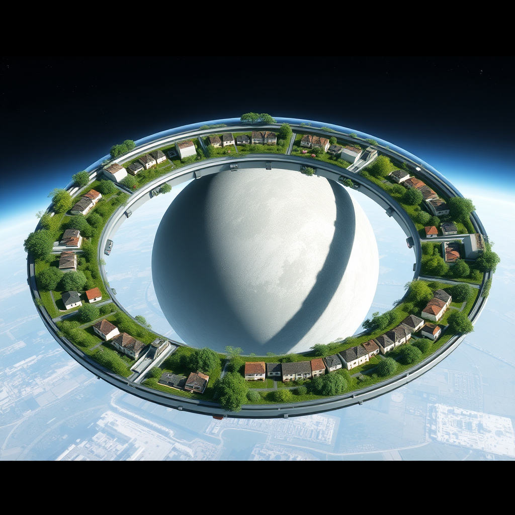 Three space stations, each with 5 glass doughnut rings, are orbiting a grey planet. Each ring contains neighborhoods of houses and is full of plants, trees, bushes, flowers, and grass.