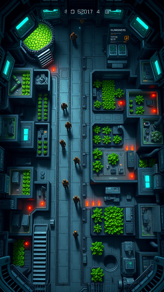 A top-down view of the arc’s interior, focusing on crew management and resource allocation. The arc is a massive structure filled with interconnected rooms: hydroponic farms, crew quarters, power generators, and research labs. The player assigns NPC workers to different sections of the arc, each represented by small icons moving between rooms. A HUD shows vital statistics like food production, water reserves, and crew morale. The environment is a mix of industrial steel walkways, green plant-filled hydroponic areas, and research labs with glowing holographic screens. The player must balance crew workload, research progress, and resource production, while dealing with occasional emergencies, like hull breaches or power failures, marked with flashing red icons on the screen.