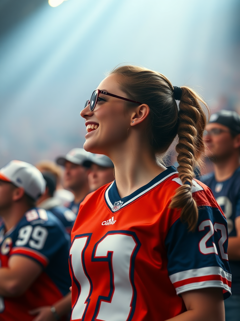 Extremely hot female NFL fan, pigtail hair, jersey, cheering, inside the crowd