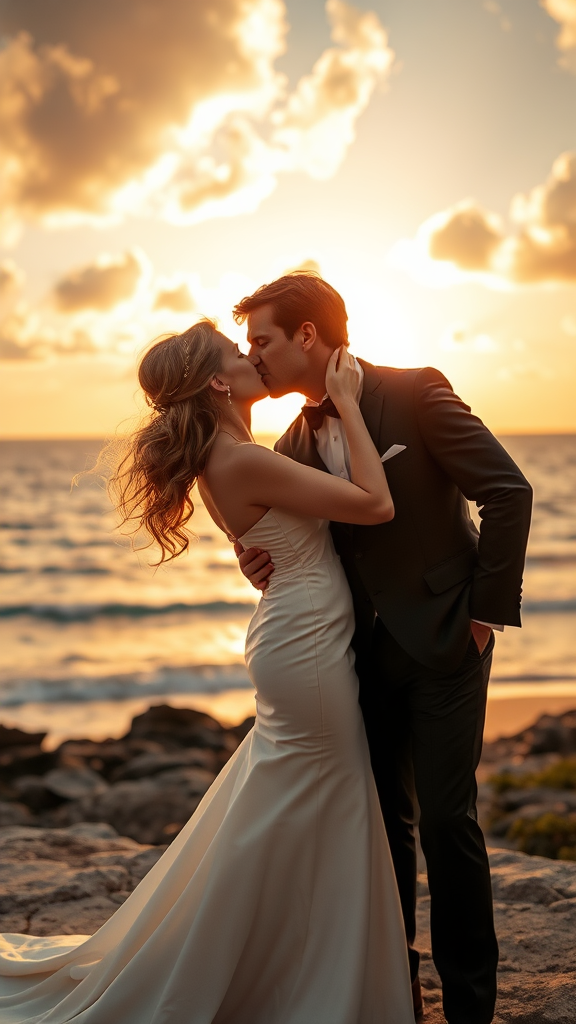 In the background, Nicole Kidman and Tom Cruise elegantly dressed, she in heels and he in patent leather shoes, he passionately kisses the bride, in the background the sea with a beautiful beach, sunset sky with the sun's rays with clouds. 16K ultra-high definition