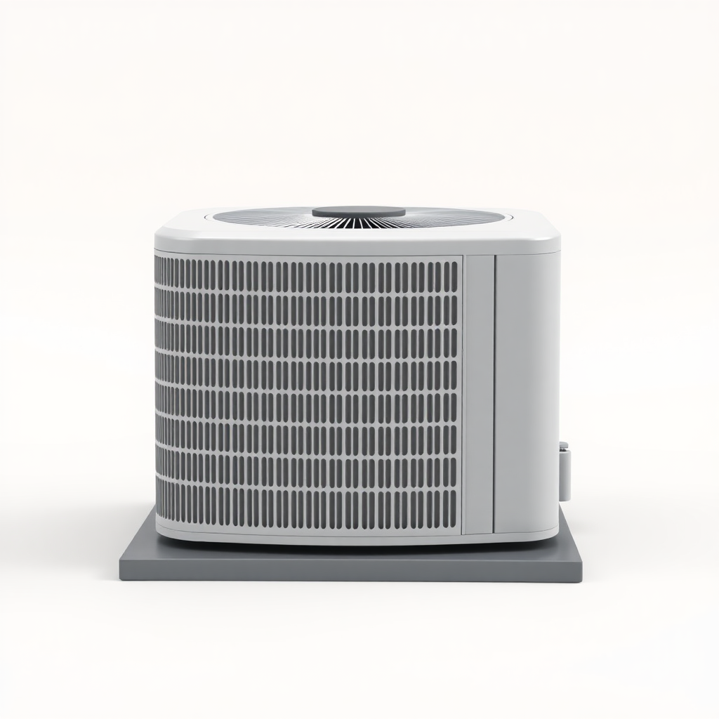 A simple, 3D model of a standard residential outdoor air conditioning unit or condenser. The unit should be placed on a flat surface. The unit should be a neutral color. Plain, uncluttered background. No text.