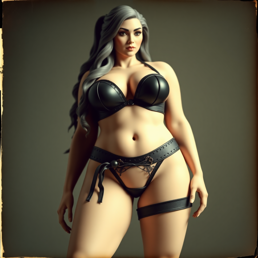 old polaroid photo of 3d printed plastic model of sexy thicc curvy succubus girl wearing revealing black bikini gstring thong and corset