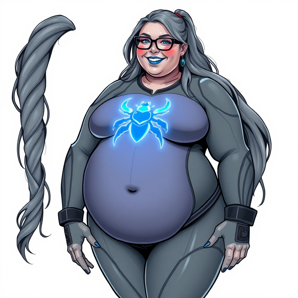 A 28-year-old computer science major embracing her new life as her cyberpunk vigilante boyfriend's nerdy, full figured middle gray skinned computer program hybrid girlfriend with a long, middle gray ponytail. She wears maximum blue lipstick and has bright blue eyes. Her outfit includes a digital, computerized, middle gray bodysuit (accentuating her gargantuan midsection) featuring a neon blue glowing beetle chest icon. She sports black eyeglasses, with a beaming smile and neon red blush. Her full figure reflects the doting care of her vigilante boyfriend. She uses her power to hack into computers and machines to serve as her hero's minicomputer operating out of his hi-tech wristwatch and supercar's supercomputer. The background is solid white. She has a prominent, round, gargantuan midsection. Her midsection is bloated, expanded, and broadened to emphasize her physique. Her middle gray metallic skin shows her digital nature. She is drawn as if she was in a retro 2D cyberpunk fighting game.