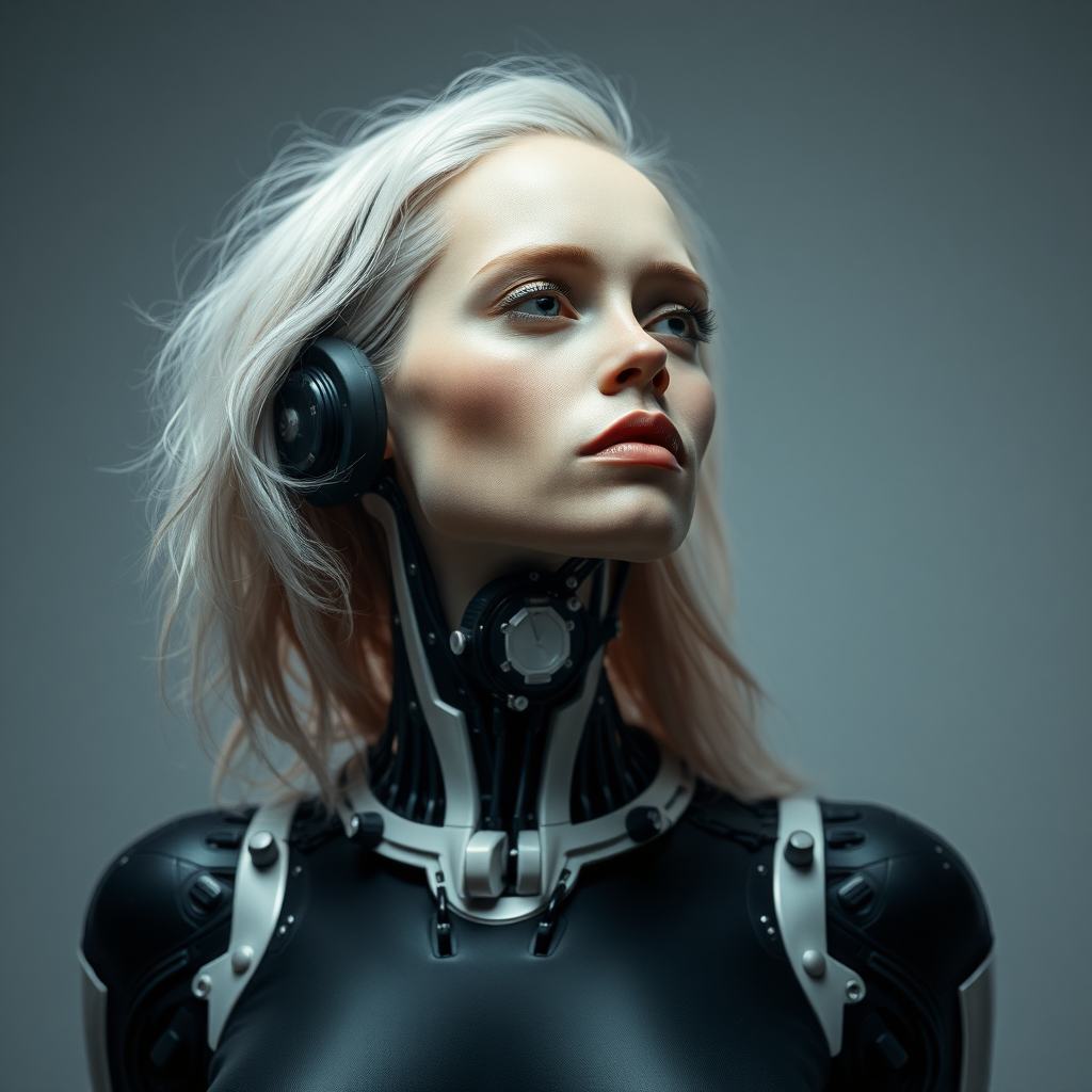 A photograph of a cyborg woman.