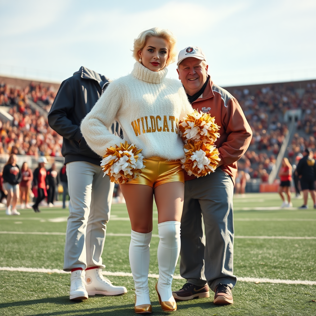 Sunny cold fall noon, college football stadium game, cheerleaders leader squat: Ana, European 17 years old very convincing femboy “QB’s trophy-bimbo”, tamed servile docile, very beautiful feminine flawless face, rather short boyish figure, platinum blond short tight curls, bold red lips, heavily made-up face, fluffy very fuzzy bright white plushy hazy thick angora turtleneck-sweater with “gold “WILDCATS” letters, vinyl gold short shorts, mesh pantyhose, white vinyl thigh-high boots with golden heels, large gold-white pompoms, pearl earrings, standing, shoulders slightly arched back to present her assets, posing for photo with Hank: older tall overweight male football coach, wearing college football coach outfit, triumphant smile, nimbly patting Ana.