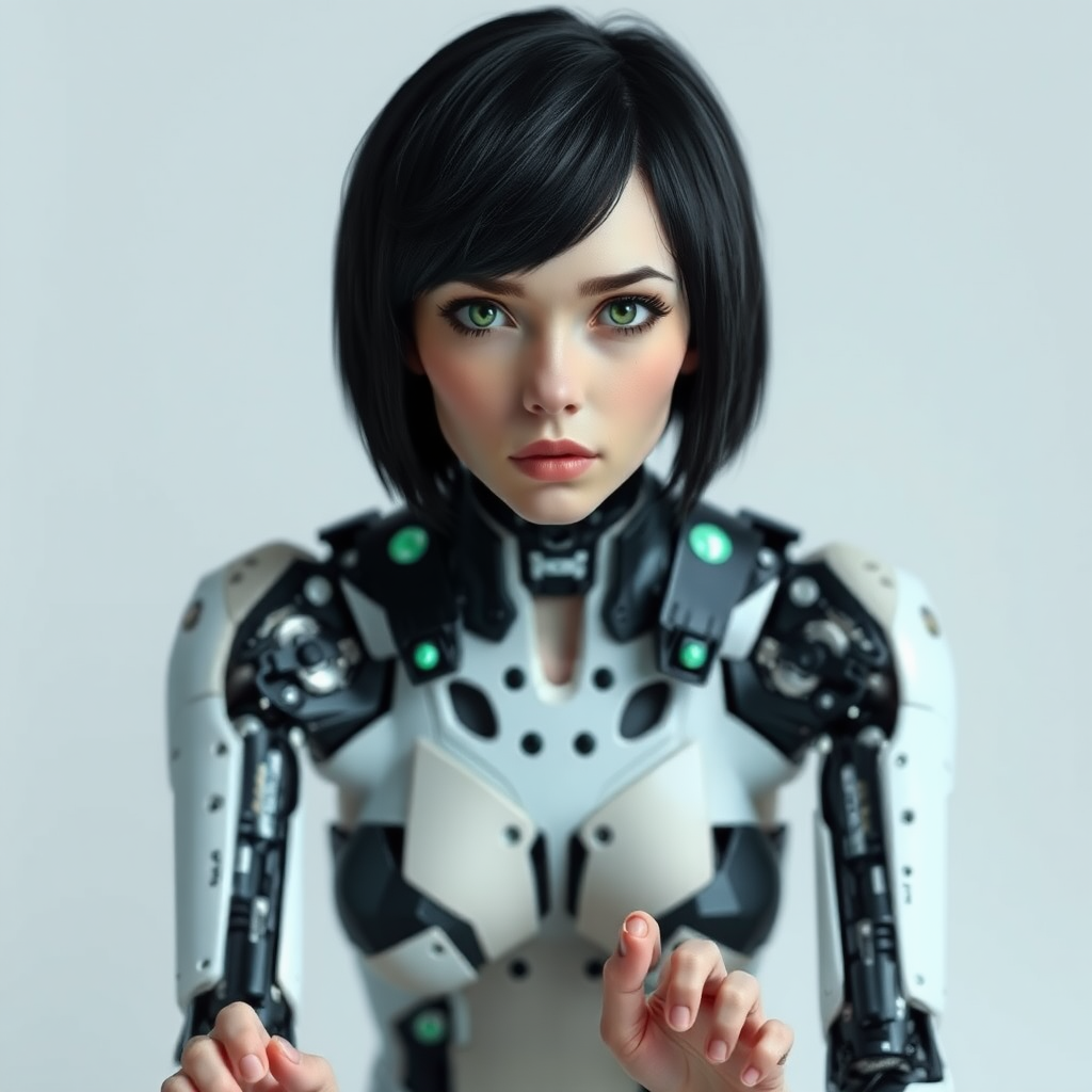 A photograph of a female cyborg with short black hair and green eyes. She has bare feet.