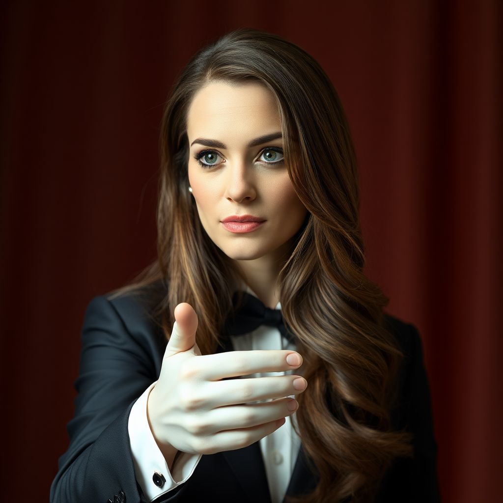 A surreal image of the beautiful very long-haired Kate Middleton's disembodied head displayed to the camera by a male magician performing a magic trick.