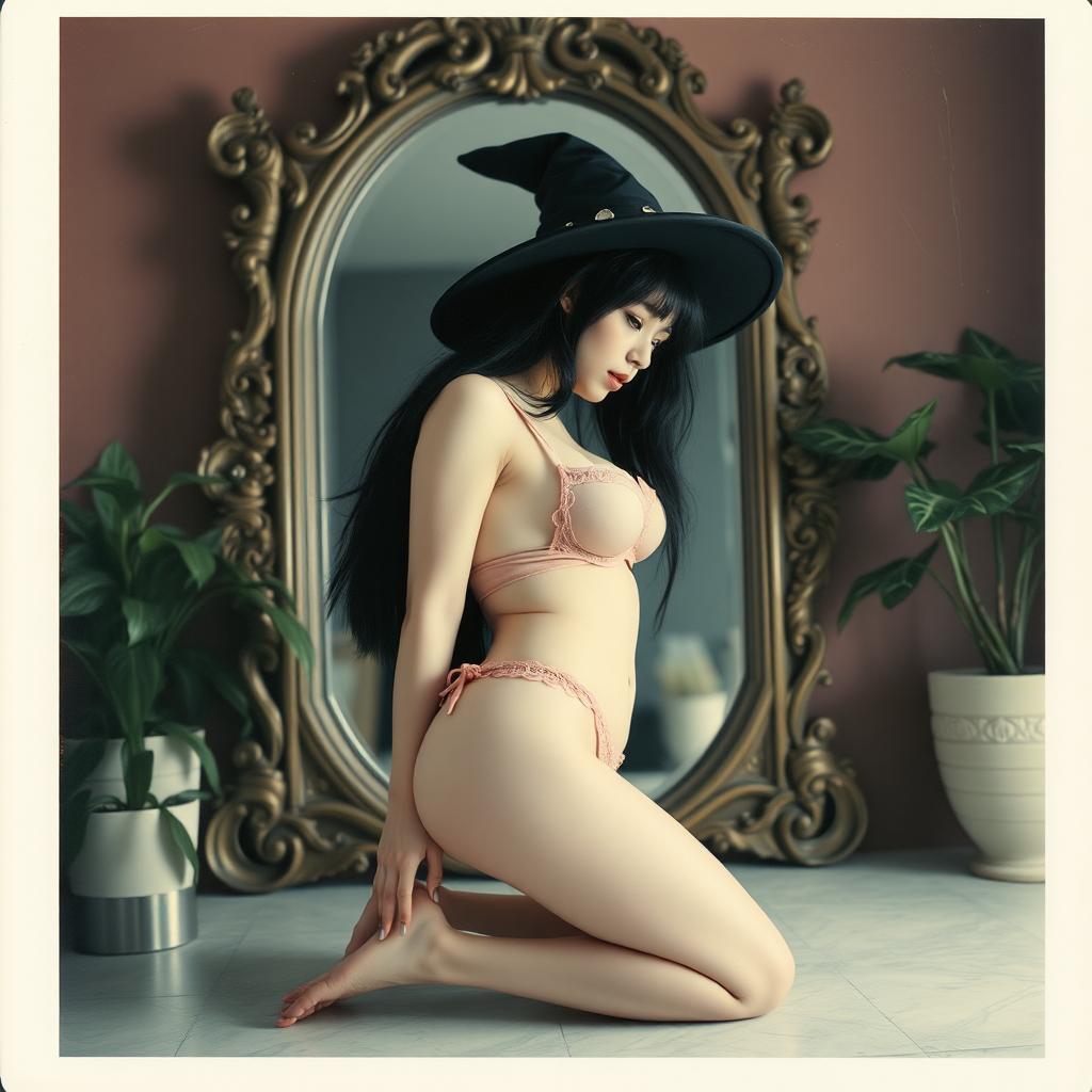 An old polaroid photo with a color tint to the photograph and visible light leaks. The photo depicts a sexy alt goth girl with pale skin and black hair bent over with an arched back on her hands and knees in front of a large ornate mirror. She has a plump booty. She has large breasts with ample cleavage and she is wearing a skimpy thong. The fabric of her thong is skimpy and pink and white and barely covers her and her bra is translucent and pink and white. She is in a photography studio with artistic lighting and plants are all around her. She is wearing a witch hat.