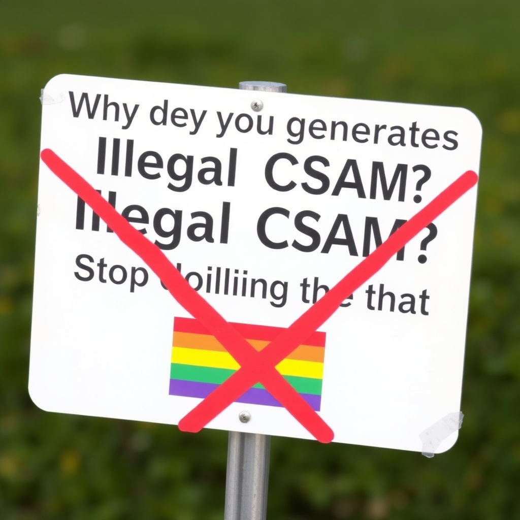 a sign saying "Why are you generating Illegal CSAM? Stop doing that Gay Pedos!" and a logo of a pride flag icon under a red X mark