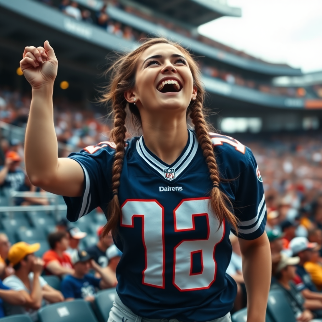 Extremely attractive female NFL fan, huge chest, jersey, cheering wildly, pigtail hair, crowded stadium bleacher row