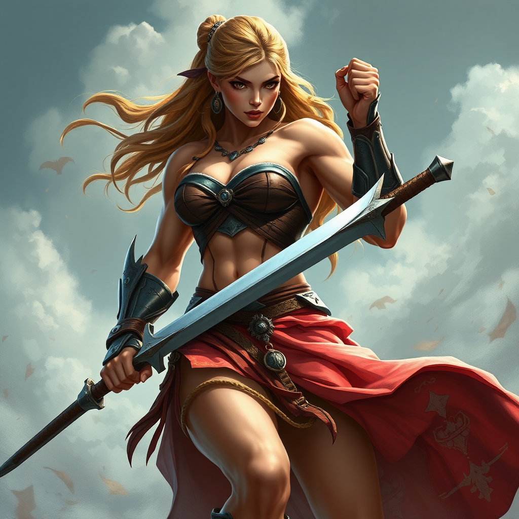 huge massive strong muscular bodybuilder girl, strapless dress, warrior princess fighting with a sword