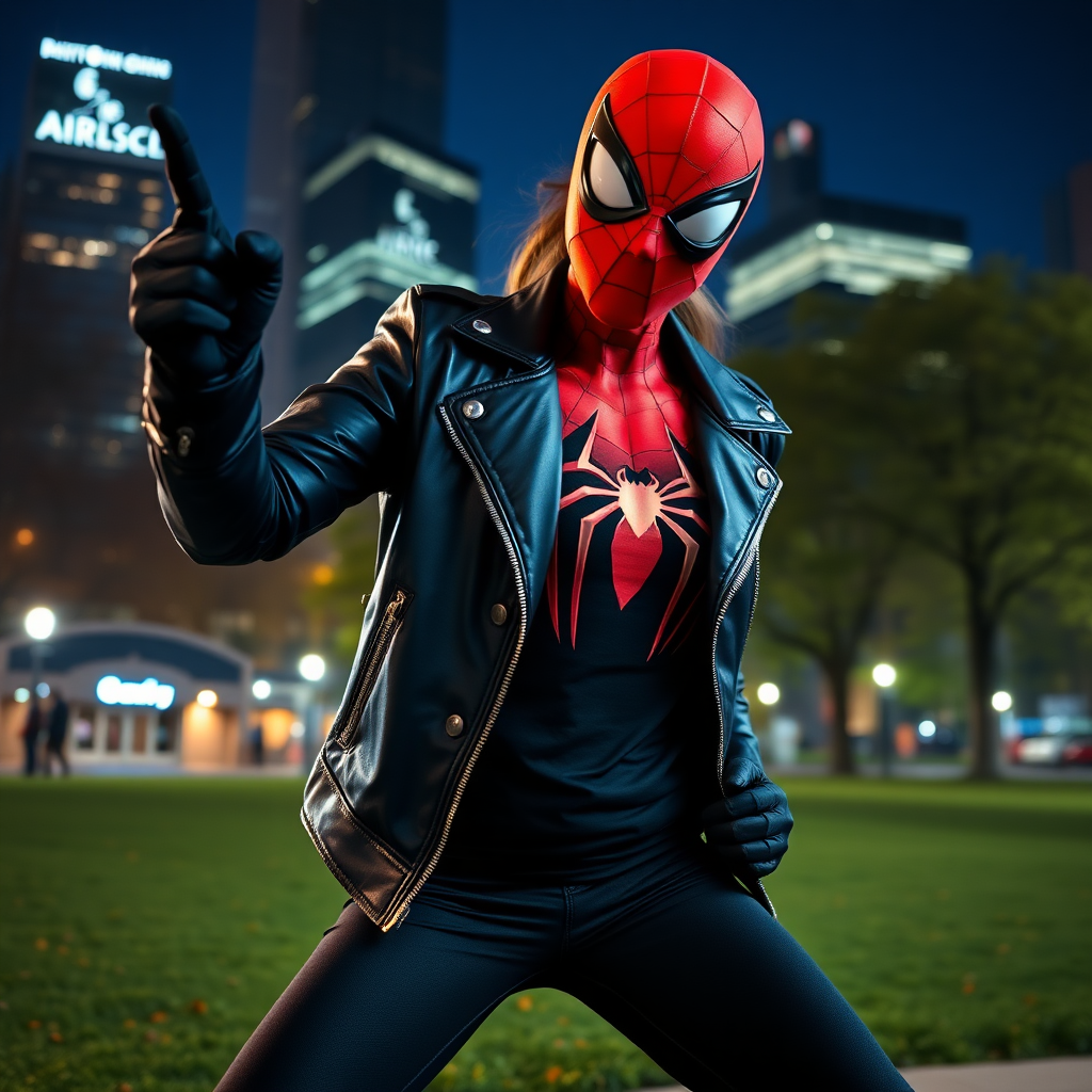 A beautiful angry female burglar in black leather jacket over black t-shirt with black pants and gloves slaps Spider-Man in the face in Manhattan park at night.