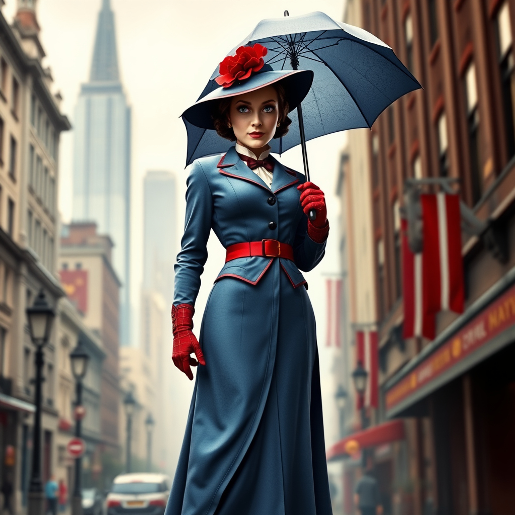 Create a full-length image of Mary Poppins with the masculine physique of Spider-Man, featuring defined muscles and an athletic build, but retaining Mary Poppins' original head. Her traditional clothing is modified to fit the muscular proportions, with a tailored, structured overcoat and elongated, fitted skirt to accentuate the build. She retains her iconic umbrella and hat. The background blends the whimsical charm of Edwardian London with the dynamic energy of a Spider-Man setting, like skyscrapers and bustling streets, reflecting both characters' worlds in one cohesive scene.