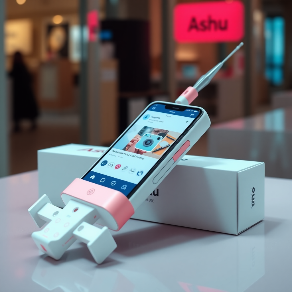 A close-up straight front view of a mobile phone in the shape inspired by a syringe, white pink futuristic, kept for sale leaning to a box with text Ashu and minimal design, in showroom, touchscreen phone with Instagram page open on screen, needle on top, whitepunk.