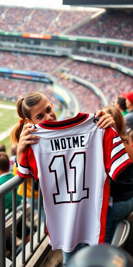 Attractive female NFL fan, pigtail hair, leaning forward over first row stadium barrier, giving a blank a spare jersey, player signs it