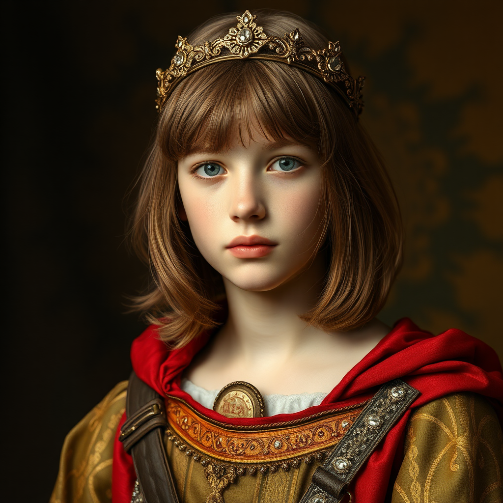 16yo teen boy prince, long bob cut, embroidered with gold and diamonds medieval cloths, diamond diadem and Beautiful War, natural Skin Texture, visualization of embossed Skin using the play of light and shadow. Free style by 50% Adolphe William Bouguereau, Academic realism and 15% Sandro Botticelli, early Renaissance and 35% Otto Lomüller, Boy Scout photorealism. The background is in the style of landscape style by Antonio del Polaiolo. Studio lighting, professional lighting. Generating the signature at the bottom: FluxBach. ultra high resolution, 16K,