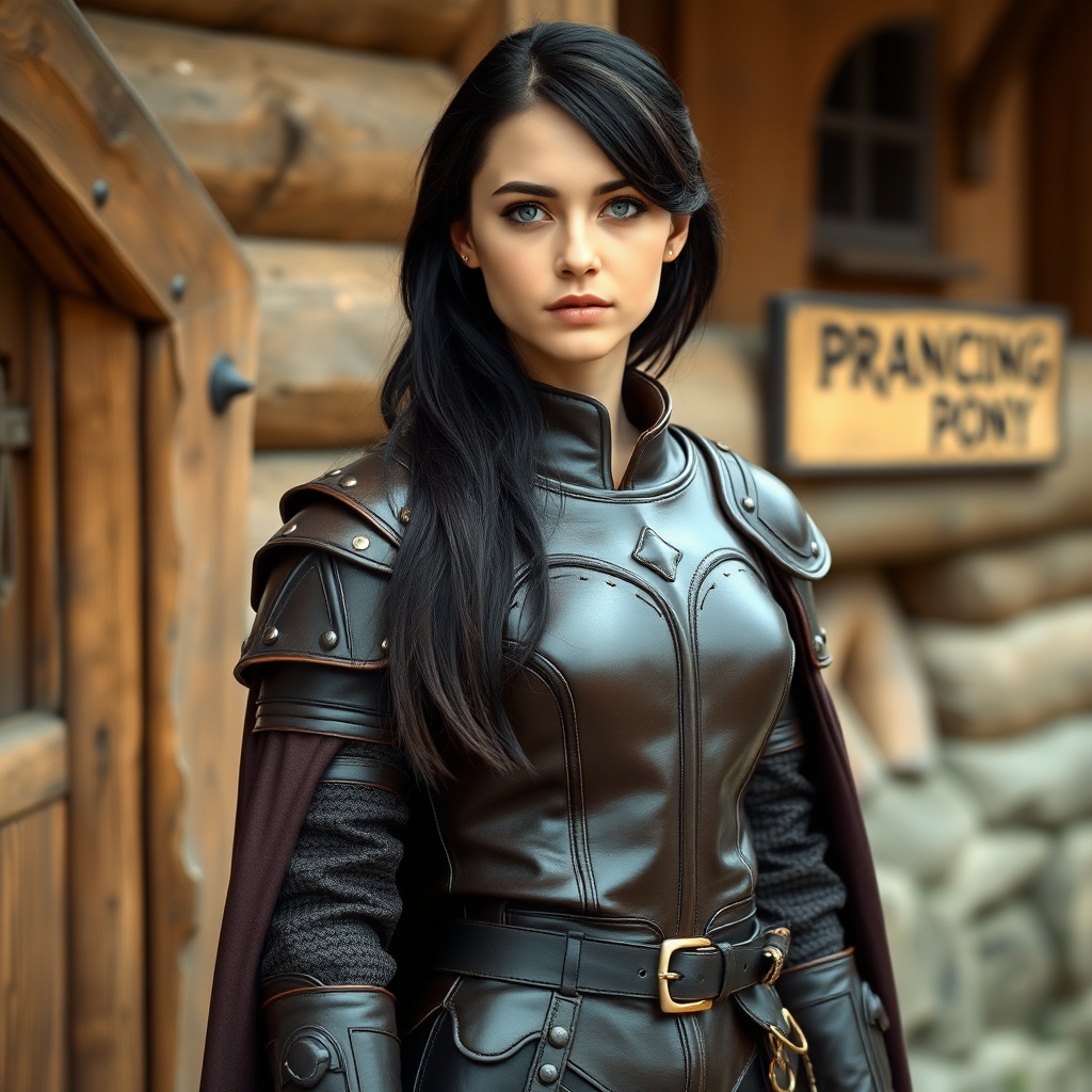 beautiful young woman, dark hair past her shoulders, blue eyes, small, slim figure, wearing full leather armor suit, long cloak, standing next to medieval wood building with a sign: "Prancing Pony".