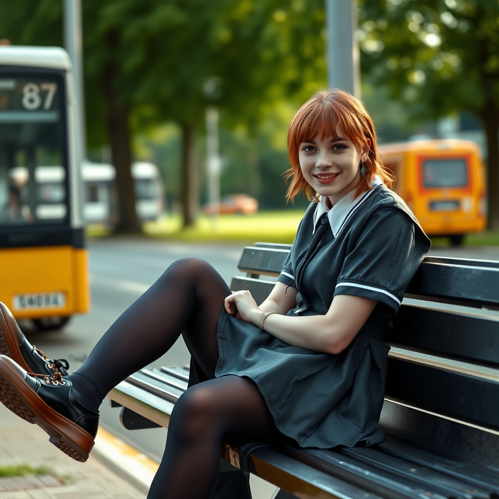 photorealistic, ultra high resolution, 16K, surreal fantasy, soft studio lighting, a pretty 18 year old goth male, slim male physique, auburn hair, goth makeup, earrings, shiny black pantyhose, UK girls-school uniform, Mary-Jane shoes, sitting on his boyfriends lap on a bench waiting for the school bus, in daylight, excited smile, facing the camera.