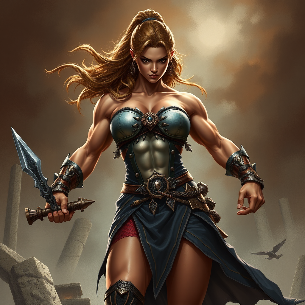 massive jacked muscular huge bodybuilder girl, strapless dress, warrior princess fighting