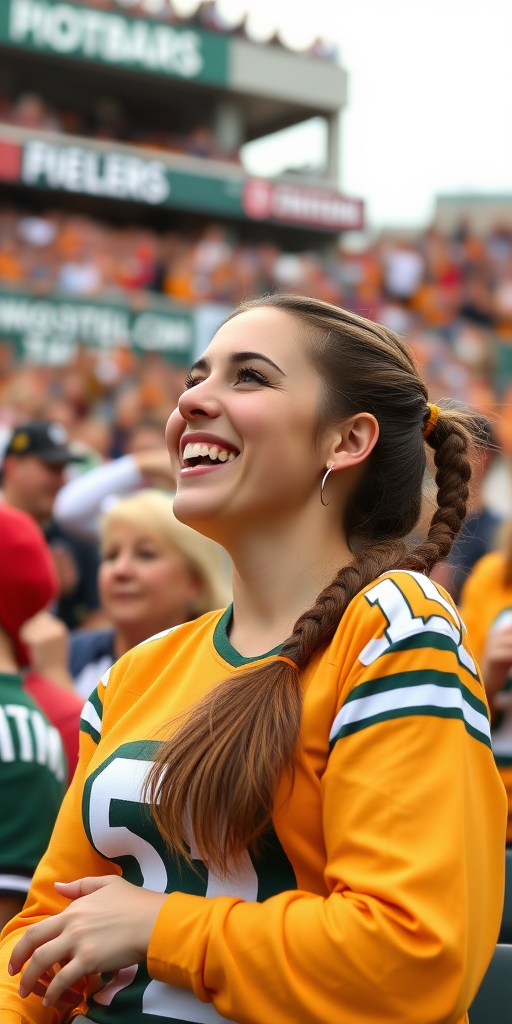 Attractive female NFL fan, pigtail hair, crowded bleacher row, rejoicing, cheering