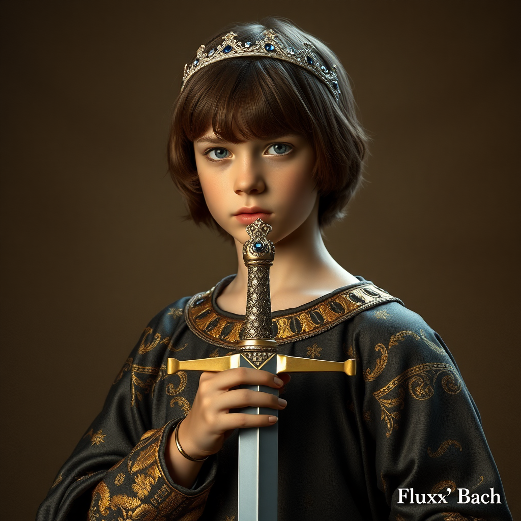 16yo teen boy prince holds his sword in his hand by the hilt, long bob cut, embroidered with gold and diamonds medieval cloths, diamond diadem, and Beautiful War, natural Skin Texture, visualization of embossed Skin using the play of light and shadow. Free style by 50% Adolphe William Bouguereau and 15% Sandro Botticelli and 35% Otto Lomüller, The background is in the style of landscape style by Antonio del Polaiolo.  Studio lighting, professional lighting. Generating the signature at the bottom: FluxBach. ultra high resolution, 16K,