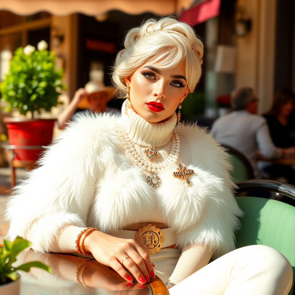 Sunny spring morning chichi-society, exclusive street café, sitting at café table looking at camera: Melissa: European 17 years old very convincing femboy “trophy-bimbo”, tamed servile docile, very beautiful feminine flawless face, rather short boyish figure, platinum blond short tight curls, bold red lips, heavily made-up face, wearing Supertanya-style fluffy very fuzzy bright white angora turtleneck-poncho cropped ending under bust decorated with pearls and gemstones, striking oriental ancient chastity belt, white vinyl thigh-high boots with golden heels, full Oriental bridal jewelry with striking headpiece, full Oriental face-jewelry, striking diamond “HAVARD” letter brooch on left chest, pout frustrated.