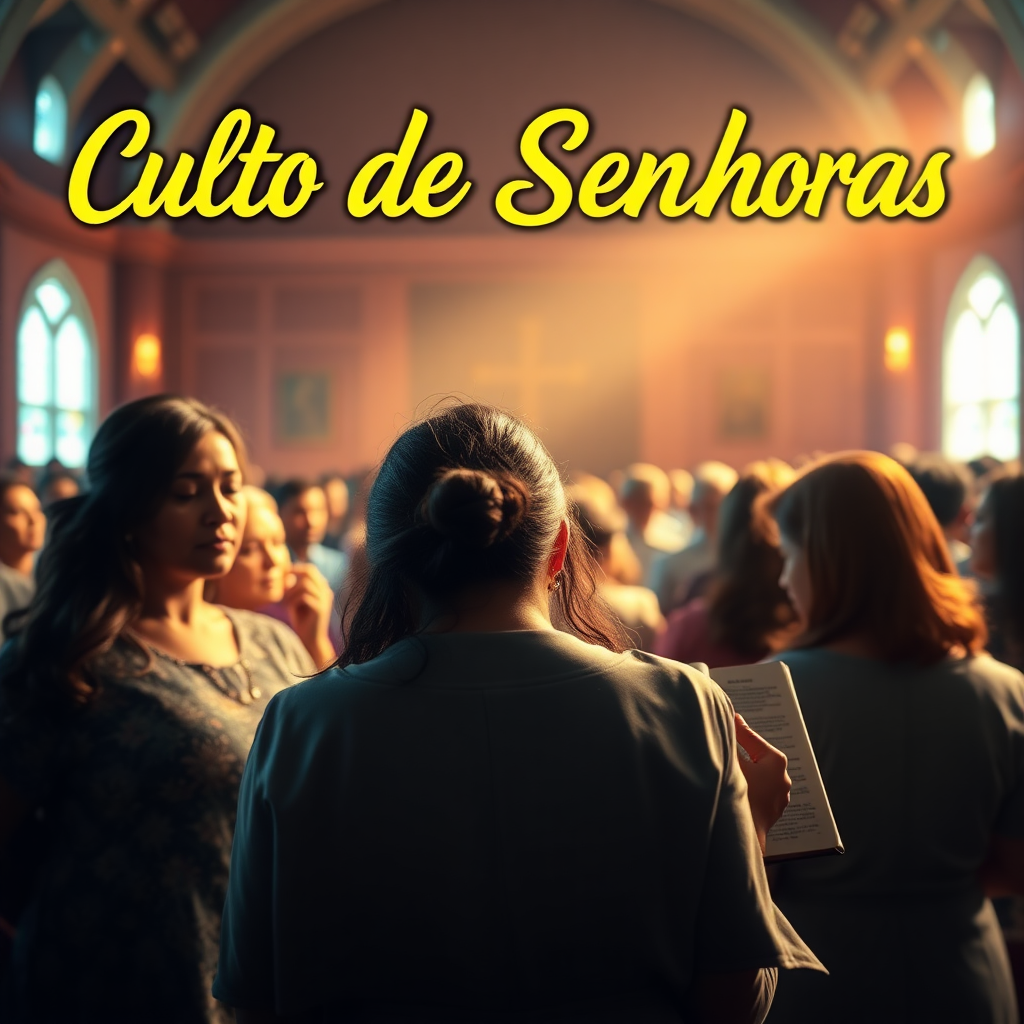 a banner with an image of several women praying in an evangelical church and with the Bibles open at the top of the banner has a stylized title written "Culto de Senhoras", digital art style, ultra detailed, cinematic lights, high quality, 8k