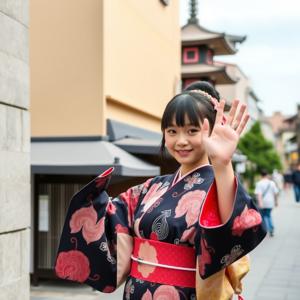 A girl in Kyoto is waving to me while wearing a kimono.