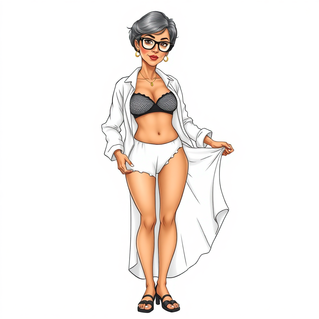 a towering 55 Years old, fit, slim, European, Latina, sharp aquiline nose, wrinkles, high cheekbones, Middle Eastern, Skinny, Tanned skin, Dark light skin, Rounded Medium breasts, Skinny thighs, full Makeup, jewelry, Serious face, Sharp nose, Ash hair, short bowl haircut, Brown eye color, Glasses, with detailed features. she is wearing an open white shirt, a black mesh balconette bras and a tight white high cut 1980s mesh cut out swimsuit and fully transparent white linen slit open pleated mini skirt, detailed fabric, detailed fabric. full body, high heels sandals, rolling up her skirt over her thighs, she is inviting the viewer to get closer, long establishing shot, 2D, caricature, cartoon, Sketch lines, coloring book, coloring book style on white background, well composed, clean coloring book page, No dither, no gradient, strong outline, No fill, No solids, vector illustration, realistic proportions