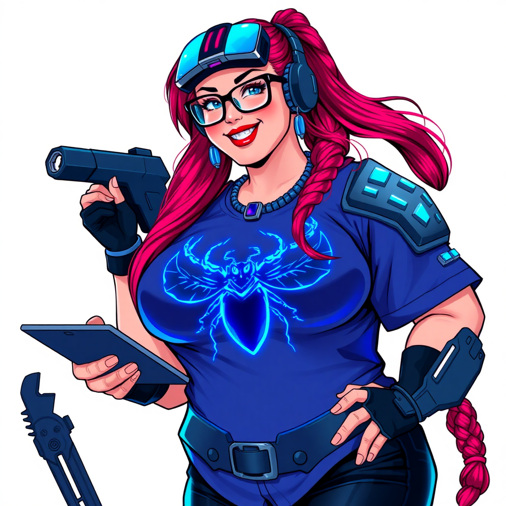 A cyberpunk vigilante’s full-figured intelligent and tech-savvy 29-year-old girlfriend, who is a computer hacker and tech genius. She has a long ruby red ponytail and bright blue eyes. She wears a sapphire beetle gemstone necklace, and an armored, oversized, Maximum Blue (RGB 71, 171, 204) t-shirt featuring a giant neon blue glowing chest icon of a winged beetle. She has a full-figured physique with a prominent round midsection, reflecting her well-cared-for lifestyle. The midsection is heavily emphasized. She sports a sapphire headset with hi-tech Maximum Blue (RGB 71, 171, 204) lensed HUD visor, Maximum Blue (RGB 71, 171, 204) lipstick, black eyeglasses, and a beaming smile with a passionate bright red blush. Despite her figure and a lack of self-esteem, she radiates an air of beauty. She has an angular face which contributes to her radiant beauty. She serves as his tech expert from his hideout, holding a holographic tablet and a hi-tech tool wrench. The background is solid white. She is drawn as if she was in a retro 2D cyberpunk fighting game.