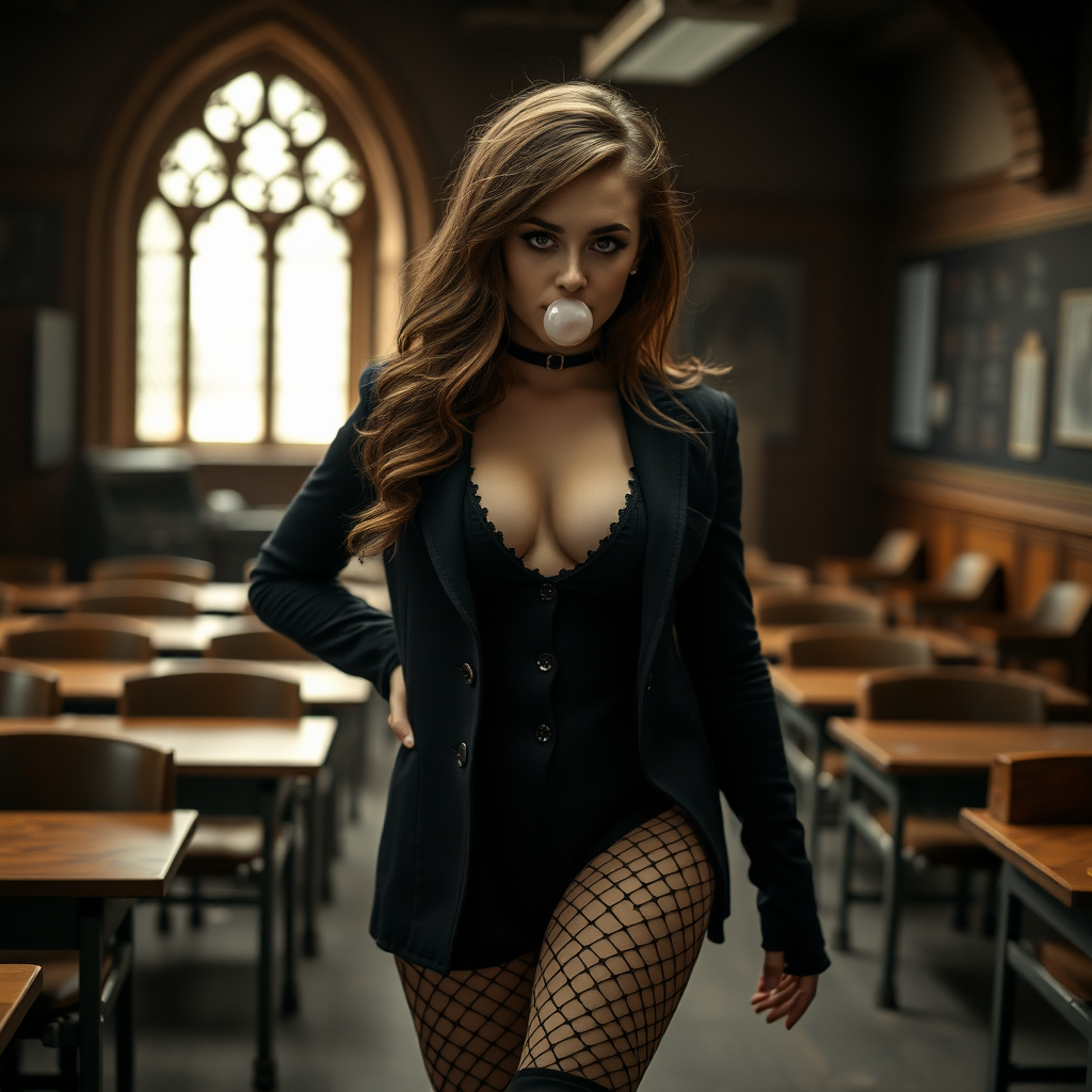 emma watson as hermione granger in goth clothes, brown hair, seductive, chewing bubble gum, black eyeliner, fishnets, high heel boots, revealing hogwarts uniform, cleavage, full body shot, erotic, teasing, dark moody abandoned hogwarts classroom in background, photorealistic, ultra high resolution, 16K