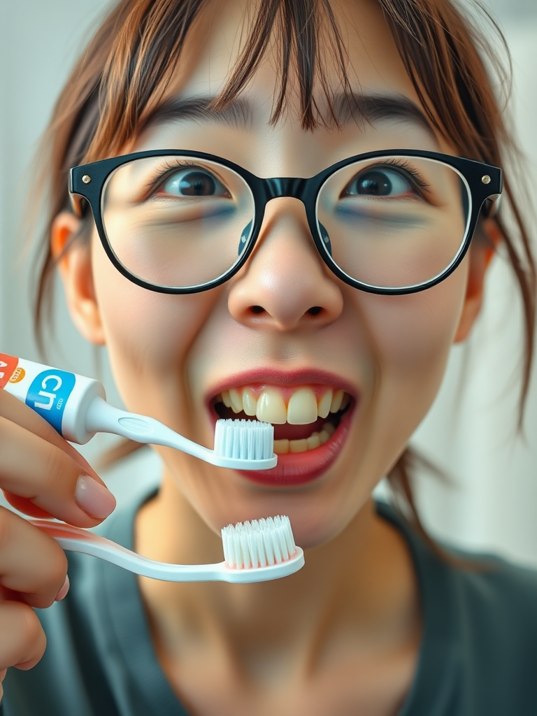 real casual photo, japanese nerdy skinny woman with big nose, big mouth, big yellowish teeth, moles, big eyeglasses and medium hair, retarded, she is putting a toothpaste called "CUM" on her toothbrush