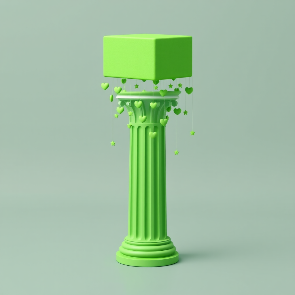 A minimalistic Greek column with a traditional fluted base. On top of the column is a vibrant, green rectangular volume acting as the capital. From this rectangular volume, numerous cute and quirky green objects, such as tiny hearts, stars, and abstract shapes, are hanging down. The overall design is clean and minimal, with a blend of surrealism, cuteness, and weirdness in its composition.